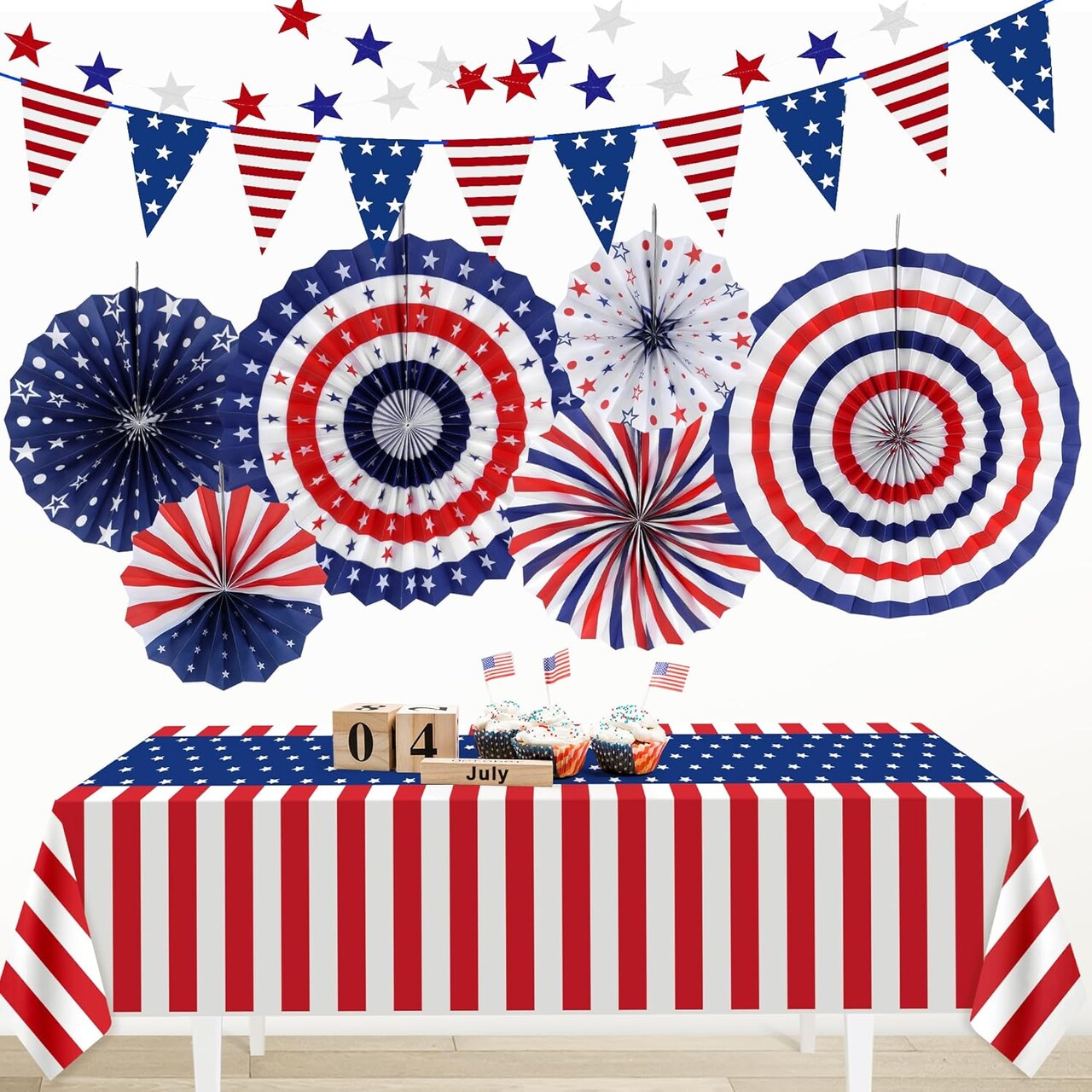 9pcs Patriotic 4th of July Decoration Set – Red White and Blue Paper Fans, USA Pennant Bunting & Star Streamers – Includes Waterproof Patriotic Tablecloth – All-in-One Decor Kit for Memorial Day, July 4th & Veterans Day
